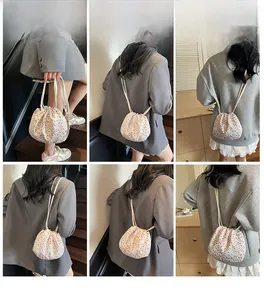 Detailed multi-angle views of floral canvas bucket bag worn as shoulder and crossbody bag