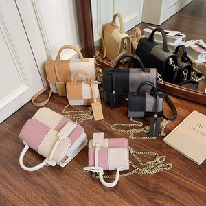 Fashion contrast color crossbody bags in pink, brown, and black with textured fabric