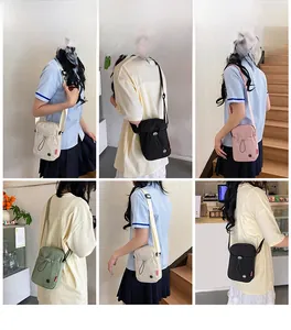 Collage of mini nylon crossbody bags in various colors worn by a model in a cafe