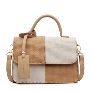 Minimalist bicolor checkered crossbody bag with top handle and woven texture detail