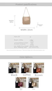 Detailed view of large capacity PU leather bucket bag with dimensions and color options