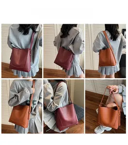 Model showcasing large capacity burgundy and brown soft leather bucket bags in various angles