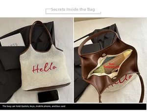 Detail of straw tote bag with Hello embroidery, leather handles and magnetic snap closure