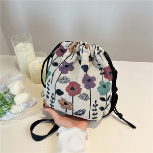 Floral Print Canvas Bucket Bag For Women Retro Jacquard Drawstring Shoulder Bag With Adjustable Strap Casual Handbag