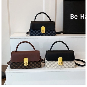 Detailed view of structured crossbody bags with color-block monogram and gold metal clasps