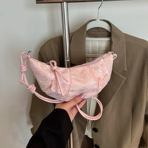 Borsa a Tracolla a Mezzaluna Donna Nuovo Stile Cinese Pizzo Ricamo Farfalla Borsa Sottobraccio Cinturino con Nodo Moda Dolce