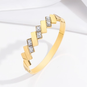 Modern gold plated stainless steel bracelet with geometric zircon inlay for women