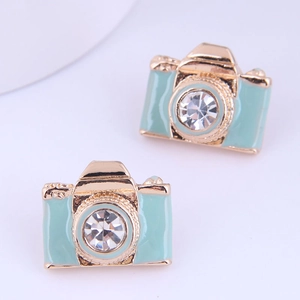 Fashionable mini camera stud earrings with light green enamel and crystal stones