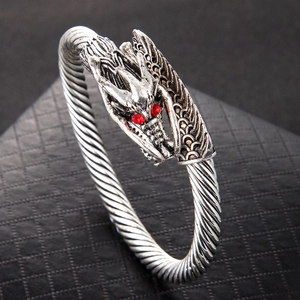 Vintage Dragon Head Cuff Bracelet Men Alloy Twisted Cable Open Bangle With Red Rhinestone Eyes Antique Silver Punk Style