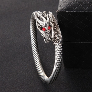 Vintage silver dragon head cuff bracelet with red zircon eyes and twisted rope texture