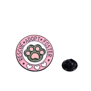 Pink cat paw enamel rescue pin badge with adopt foster text and heart details