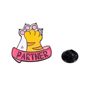 Fashionable cat paw enamel pin with Partner banner and butterfly clutch backing