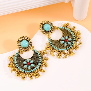 Ethnic style bohemian gold dangle earrings with turquoise stones and bead tassels