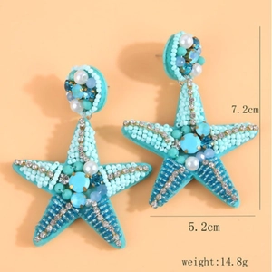 Blue starfish drop earrings with sequins and beads, showing size 7.2cm by 5.2cm dimensions