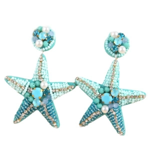 Fashionable starfish dangle earrings with blue beads and sparkling rhinestones