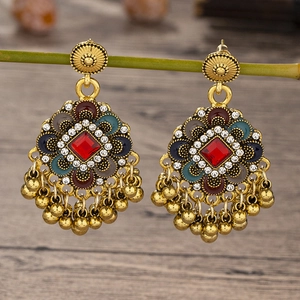 Vintage Bohemian Drop Earrings Alloy Floral Enamel Synthetic Gemstone Rhinestone Tassel Ethnic Style For Women
