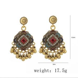 Detailed size view of vintage ethnic floral drop earrings with red gems, 5.5cm x 3cm