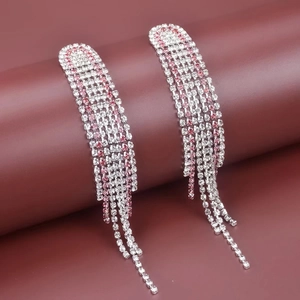 Elegant Long Tassel Dangle Earrings For Women Alloy Pink White Rhinestone Sparkling Korean Style Fashion Jewelry