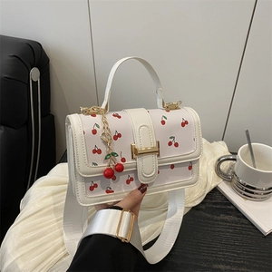 Women Cherry Print Shoulder Bag Sweet PU Leather Crossbody Bag Square Handbag With Wide Strap Small Square Bag Fashion Bag