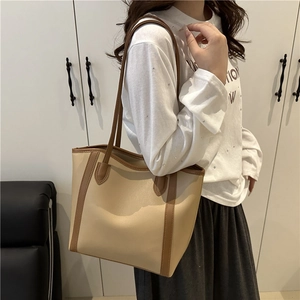 Chic beige and brown contrast large capacity tote bag for office and daily wear
