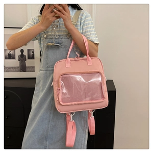 Pink multipurpose backpack with large transparent display window for badges
