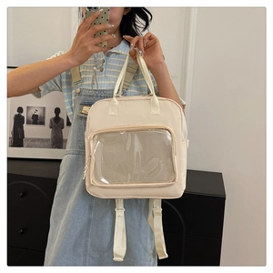 Detail of cream multi-functional backpack featuring a clear PVC front pocket and mesh design