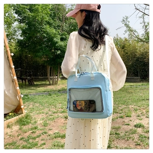 Detail of light blue canvas bag with transparent PVC pocket and adjustable strap