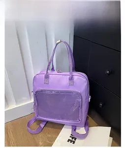 Detail view of purple multi-way transparent backpack with clear window for ita bag style