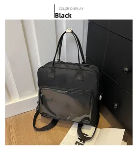 Detail of black nylon tote with transparent PVC window and adjustable strap