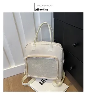 Detail of off-white multi-functional backpack with transparent mesh front zipper pocket