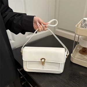Women French Minimalist PU Leather Shoulder Bag Vintage Litchi Pattern Underarm Crossbody Bag With Metal Lock Commuting Fashion Bag