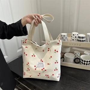 Borsa Tote Donna Velluto Coste Stampa Ciliegie Grande Capacità Borsa Spalla Chiusura Cerniera Stile Coreano Sweet Fashion