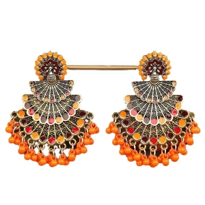 Ethnic peacock drop earrings with orange beads in vintage bohemian fan style