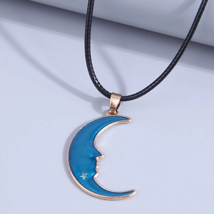Crescent Moon Face Pendant Necklace Alloy Enamel Star Charm Minimalist Sweet Style Jewelry For Women