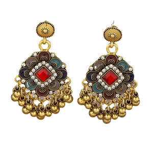 Ethnic bohemian drop earrings with vintage gold metal, red stones and colorful enamel
