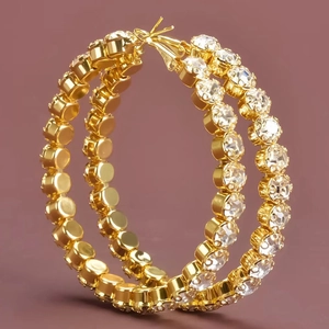 Sparkling gold hoop earrings for women featuring multiple rows of clear zircon stones
