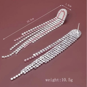 Sparkling long tassel earrings with pink and white rhinestones, 10.5cm drop length