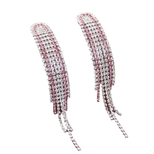 Sparkling pink and white rhinestone tassel earrings with a hanging waterfall fringe design