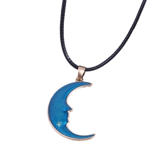 Chic blue crescent moon face pendant necklace with silver star on a black cord