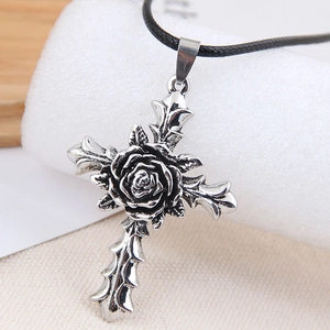 Retro Gothic Cross Pendant Necklace Alloy Antique Silver With 3D Rose Flower Detail Black Wax Rope Chain Unisex