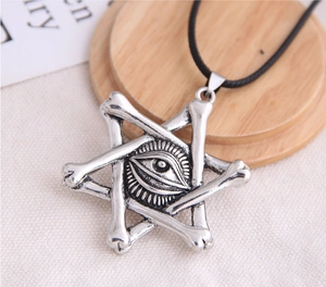 Macro shot of vintage silver bone star pendant with All-Seeing Eye on a black cord