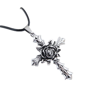 Vintage Gothic cross necklace with rose pendant and thorn details on black cord