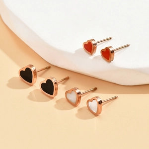 Heart Stud Earrings Stainless Steel Rose Gold Plated Minimalist Black White Red Sweet Jewelry For Women