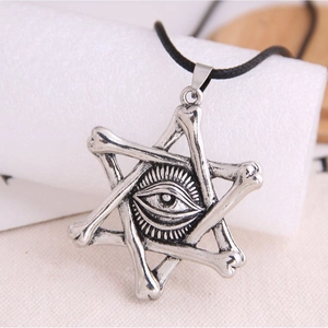 Gothic retro hexagram pendant necklace with mystical eye detail and black cord chain