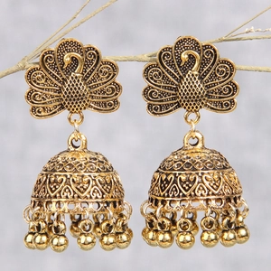 Vintage gold peacock Jhumka earrings with bell-shaped tassels and ethnic floral patterns