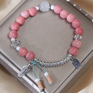 Pink Beaded Bracelet Alloy Feather Charm Chinese Style Lucky Knot Elegant Jewelry For Women