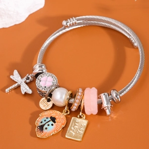 Bracelet Jonc En Acier Inoxydable Avec Breloques Émaillées Libellule Coccinelle Trèfle Künstliche Perle Bijou Mode Femmes
