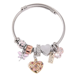 Silver twisted bangle with pink dragonfly and crystal heart charms for women