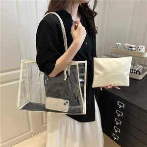 Summer transparent PVC tote bag with white rope handles and inner pouch set