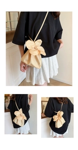 Detail of yellow gingham flower-shaped crossbody bag showing various wearing perspectives